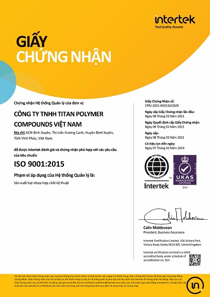 ISO 9001:2015 - Hạt Nhựa Kỹ Thuật Titan - Công Ty TNHH Titan Polymer Compounds Việt Nam